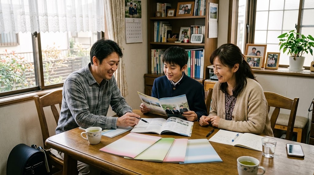 ダイニングテーブルで高校のパンフレットを広げ、中学生と両親が進路について話している
