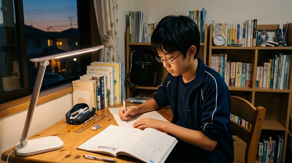 自宅の机でデスクライトの下、問題集に取り組む中学生