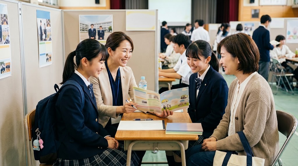 高校の個別相談で先生の説明を聞く中学生と母親
