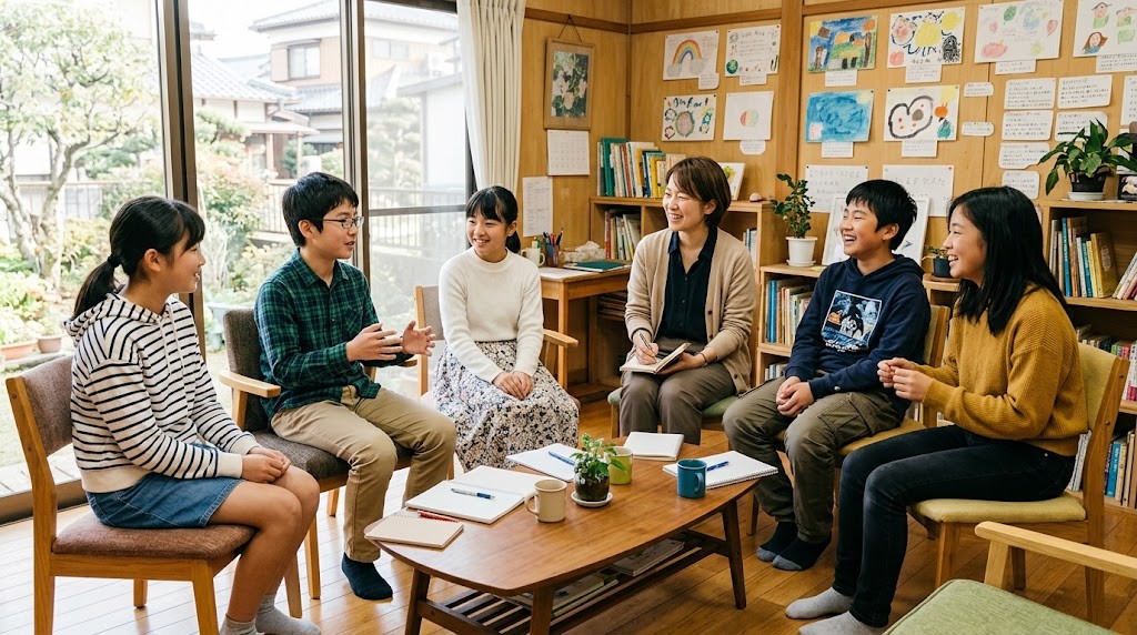 少人数の明るい教室で先生と中学生が輪になって話し合う様子