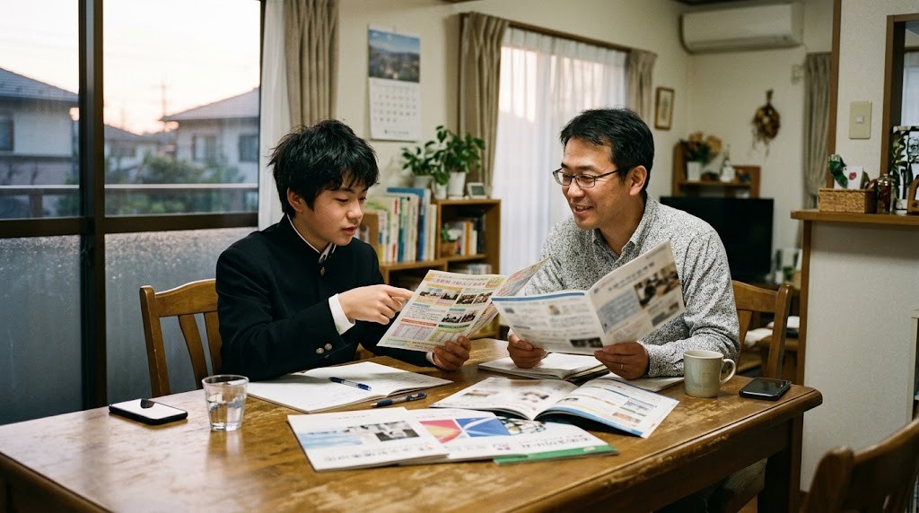 自宅のダイニングで複数の学校の資料を見比べる中学生と父親