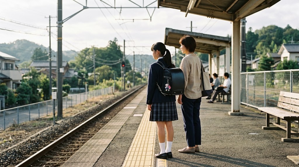駅のホームで電車を待つ中学生と母親