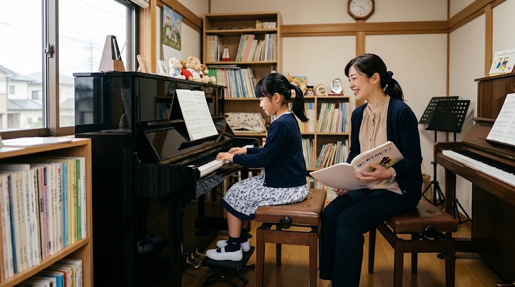 音楽教室でピアノを弾く小学生と、横で見守る先生
