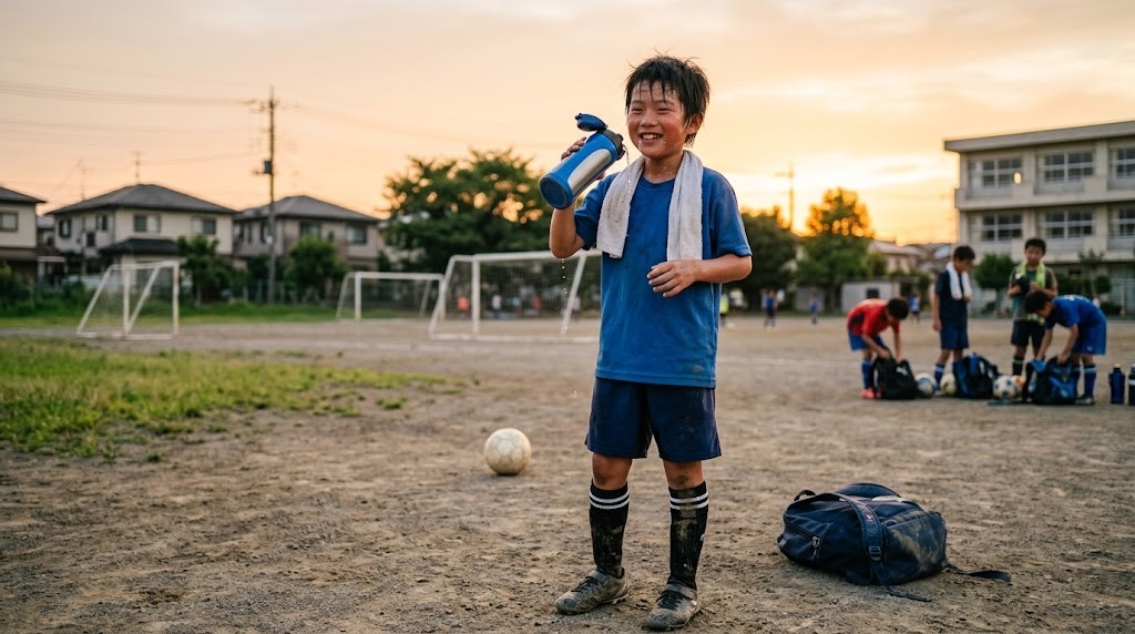サッカーの練習後に水筒の水を飲みながら笑顔を見せる小学生