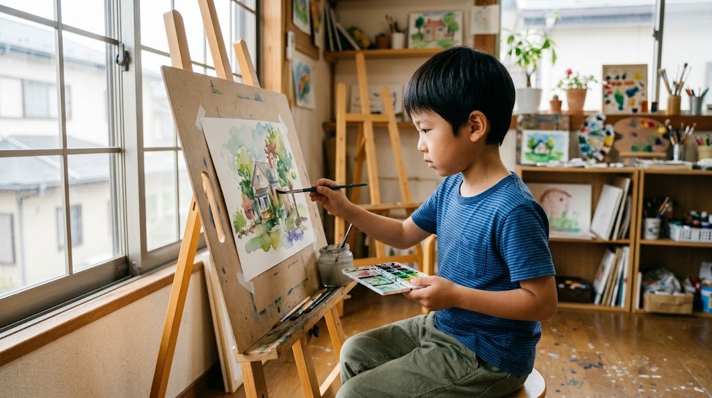 絵画教室でイーゼルに向かって水彩画を描く小学生