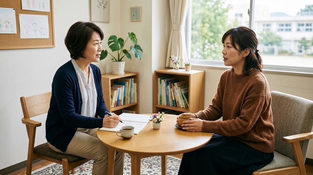 学校の相談室でスクールカウンセラーと話す母親