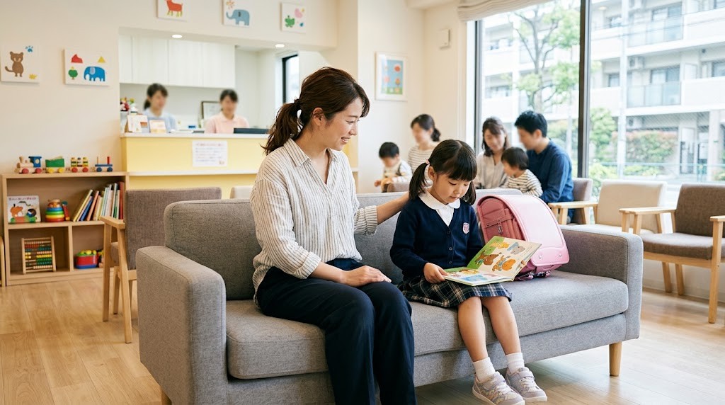 小児科の待合室で順番を待つ母親と小学生