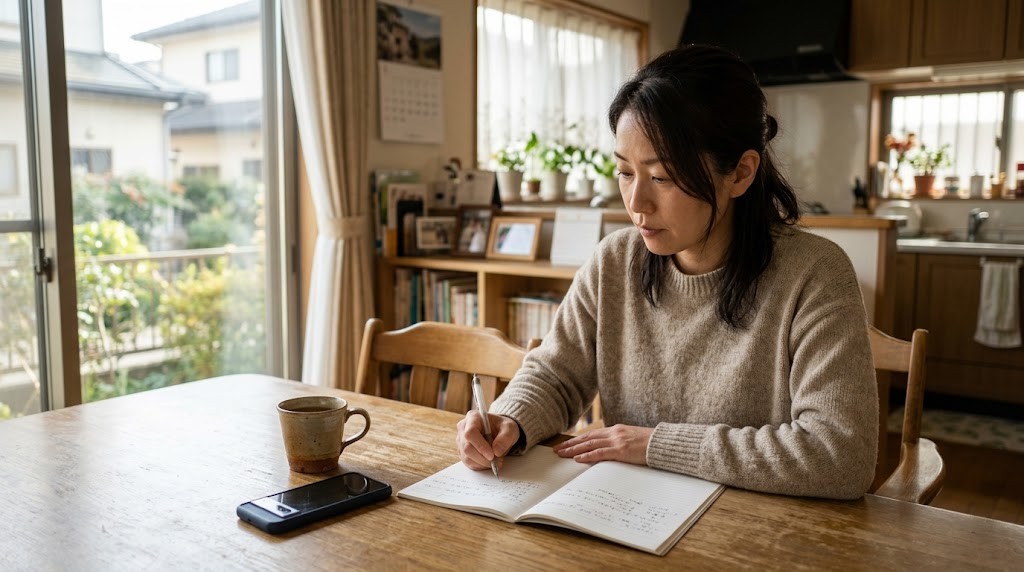 自宅のダイニングで相談前に子どもの様子をノートにまとめる母親