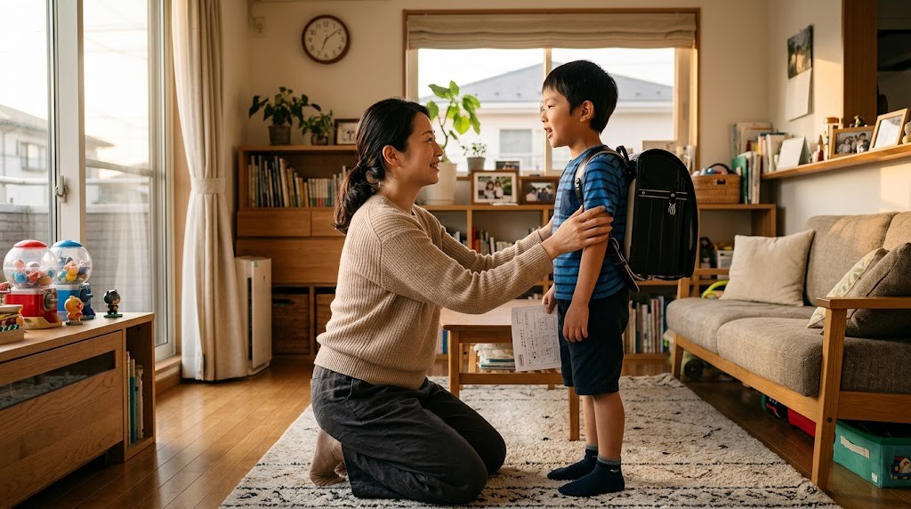 リビングで小学生の子どもの話をしゃがんで聞く母親