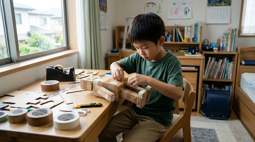 自宅の静かな部屋で好きな工作に集中する小学生
