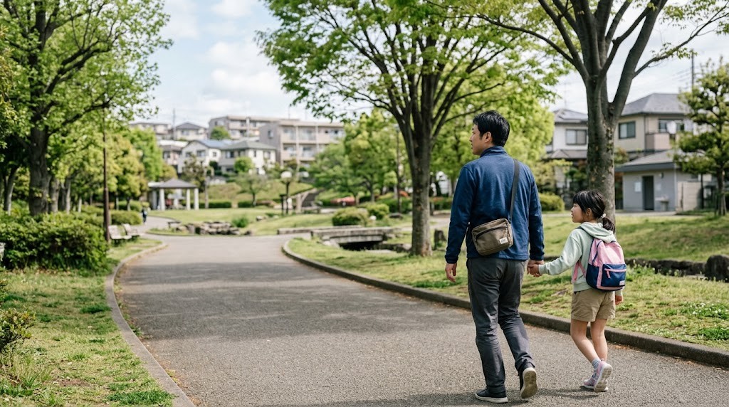 公園の遊歩道を並んで散歩する父親と小学生の子ども