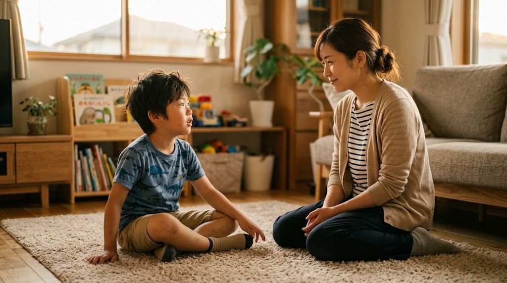 リビングで、母親が急かさずに小学生の男の子の話を最後まで聞いている