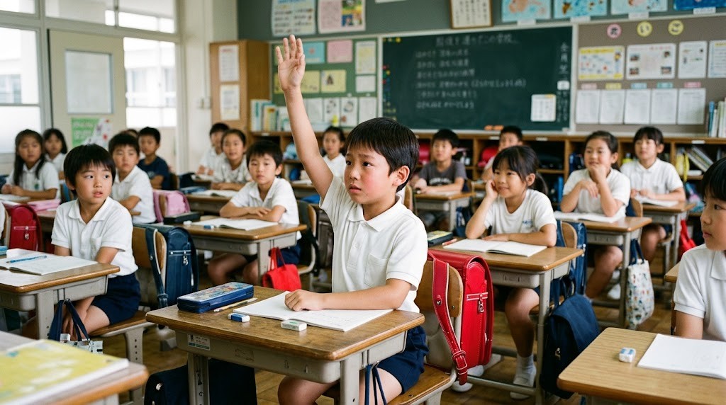 教室で少し緊張しながら手を挙げて発表しようとする小学生