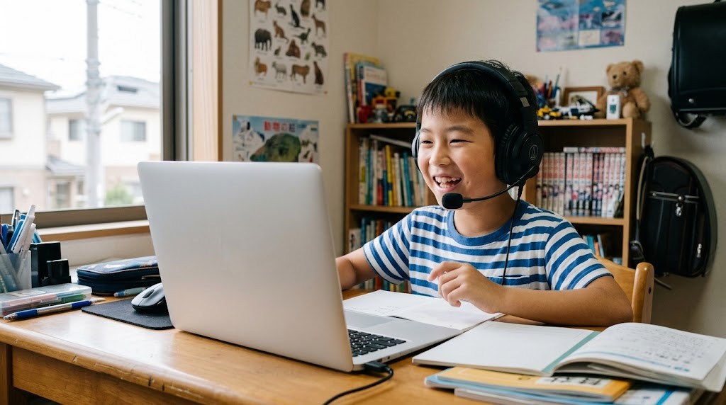 ヘッドセットをつけて少人数のオンライン授業に参加する小学生