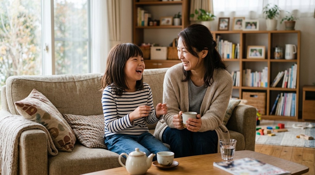 リビングのソファで母親と笑いながら話す小学生の女の子