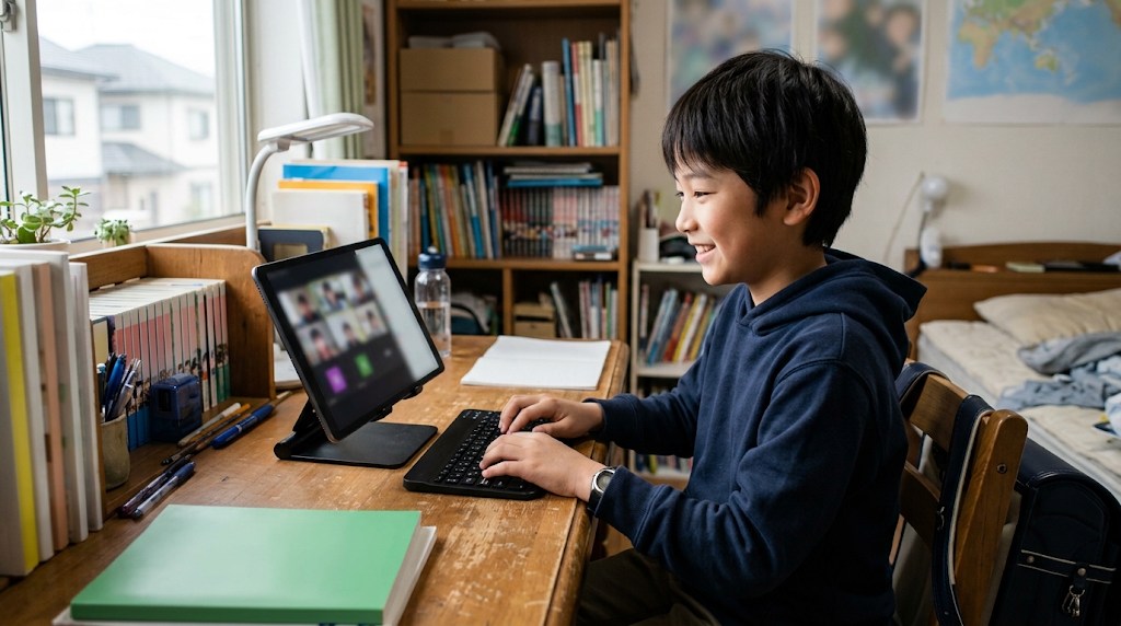 自室の机でタブレットのオンライン授業にカメラオフで参加し、チャットで返事を打つ小学生の男の子
