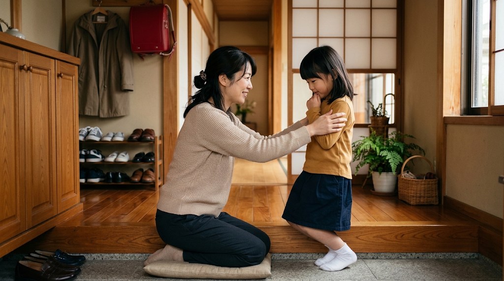 玄関で膝をついて目線を合わせる母親と、言葉のかわりにうなずいて答える女の子