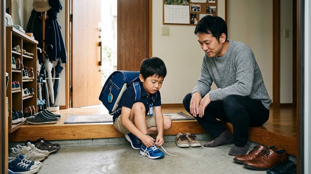 玄関で靴ひもを結ぶのに苦戦する小学生と、急かさずに見守る父親