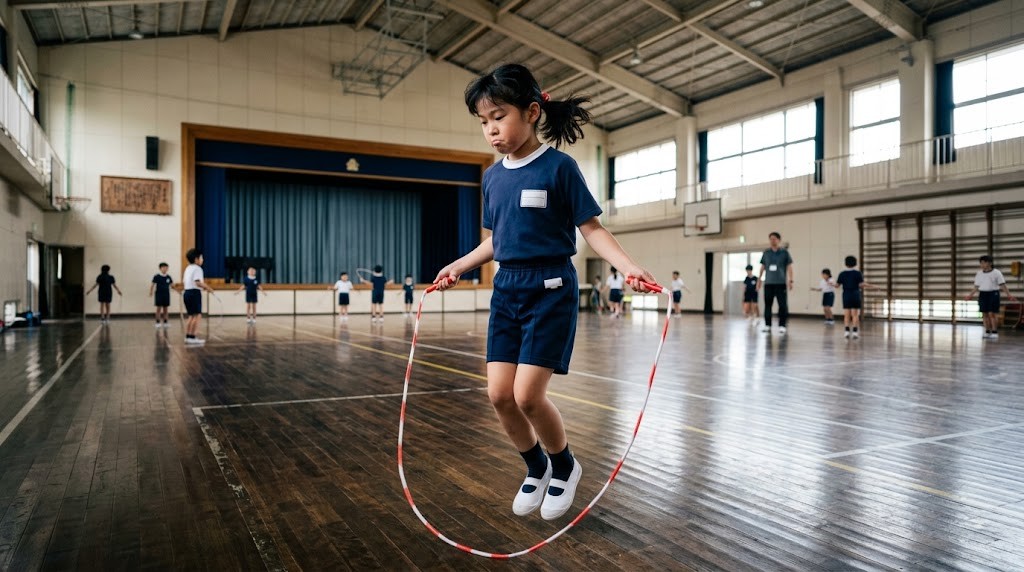 体育館で縄跳びの練習をする小学生