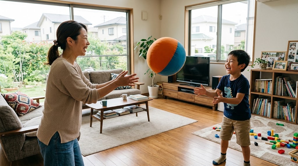 リビングで大きな柔らかいボールでキャッチボールをする母親と小学生