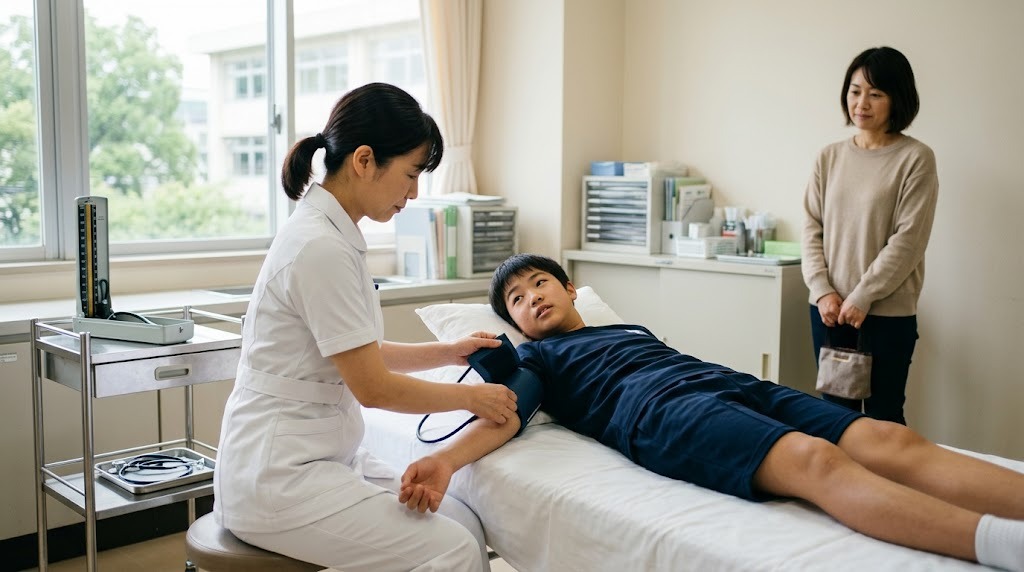 医療機関のベッドで、看護師が中学生の腕に血圧計のカフを巻いて測定している