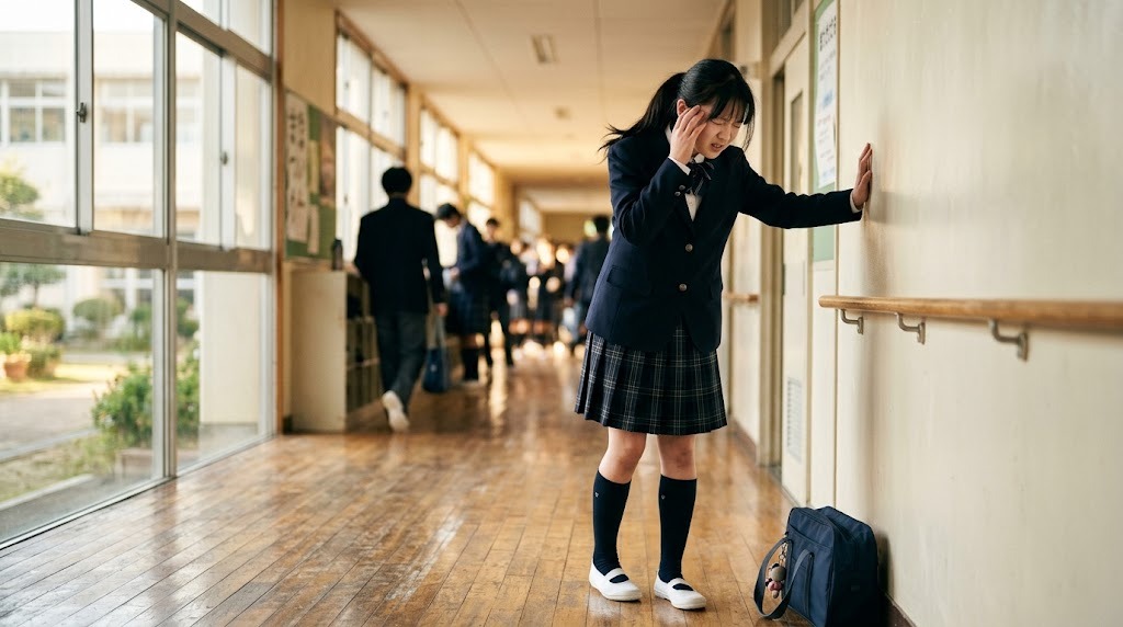 学校の廊下で立ちどまり、めまいをこらえるように壁に手をついている中学生