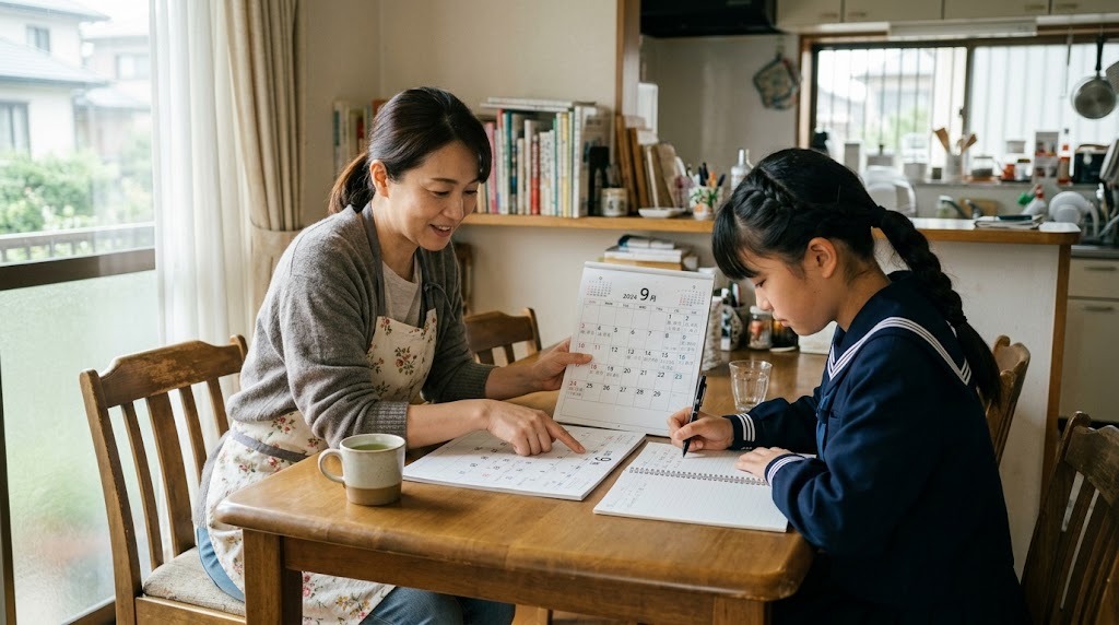 ダイニングテーブルで、母親と中学生の娘がカレンダーに体調の記録を書き込んでいる