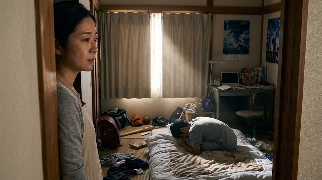 朝8時、布団の上で起き上がれずにいる中学生と、ドアのところから見守る保護者