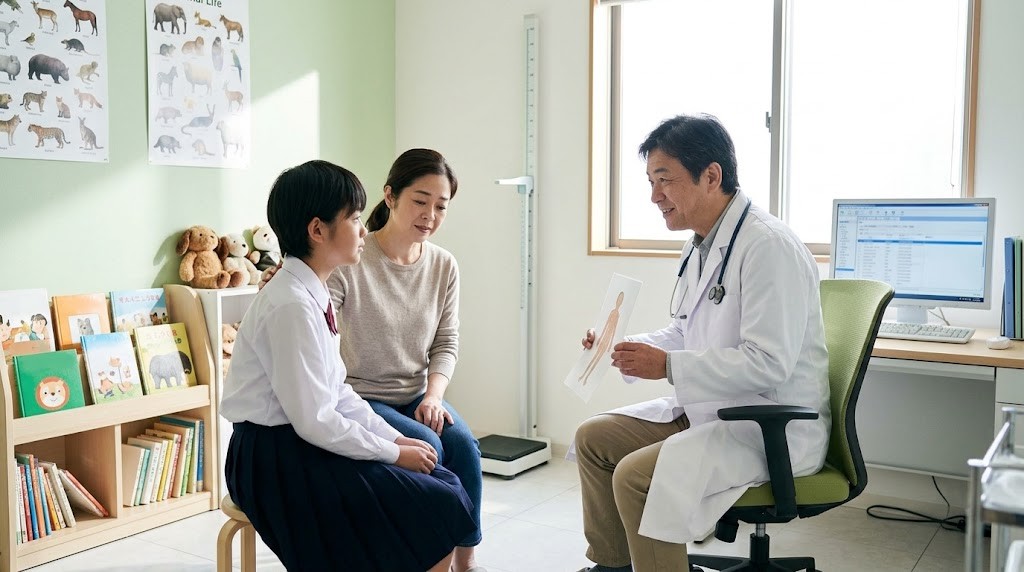 小児科の診察室で、医師が子どもと保護者に穏やかに説明している