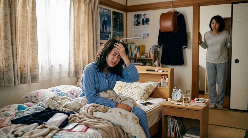 朝、ベッドから起き上がれずにめまいをこらえる中学生と、心配そうに見守る母親
