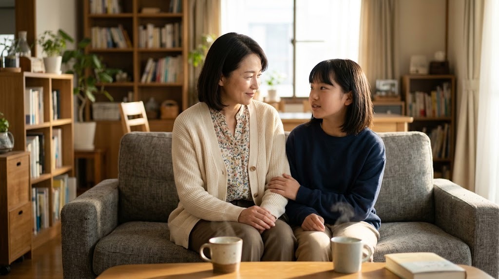 リビングのソファで、母親が中学生の娘の話をうなずきながら聞いている
