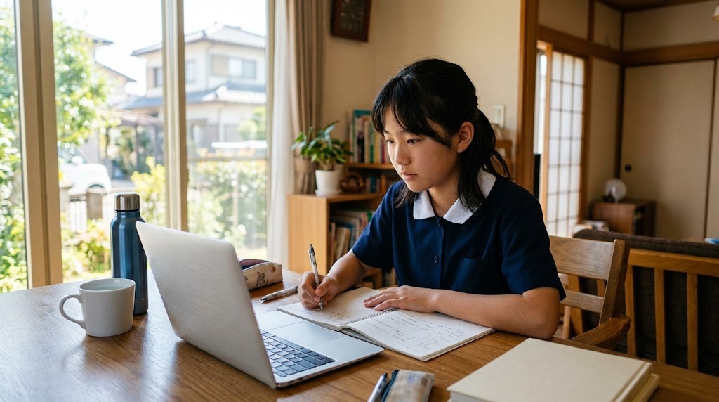午後のダイニングテーブルでノートパソコンを開いて学習する中学生
