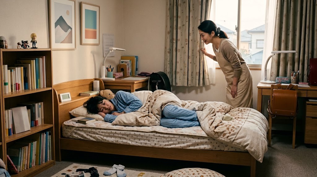 朝ベッドから起き上がれない中学生の娘に、カーテンを少し開けて声をかける母親