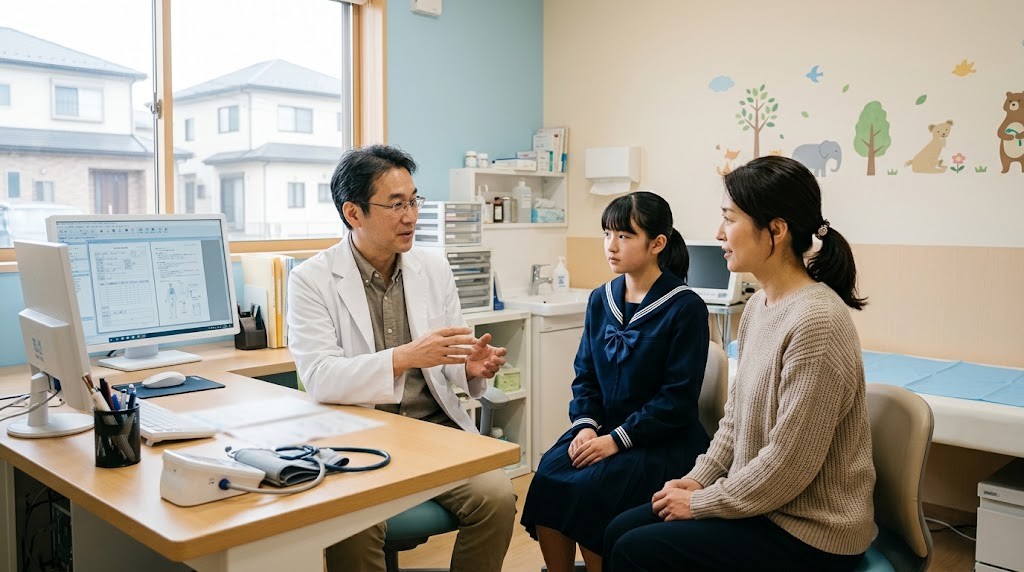 小児科の診察室で医師の説明を聞く中学生と母親
