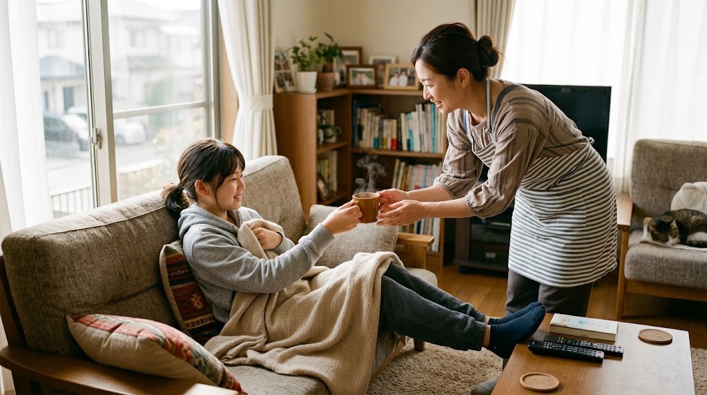ソファで休む中学生に温かい飲み物を差し出す母親