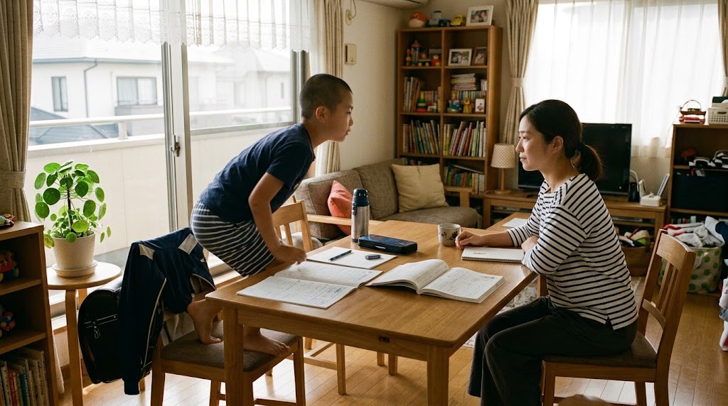 リビングで学習する子どもと保護者