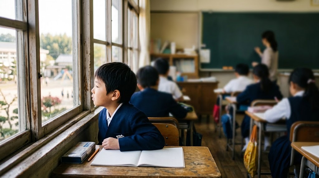 授業中にノートから目を離して窓の外を見ている小学生の横顔