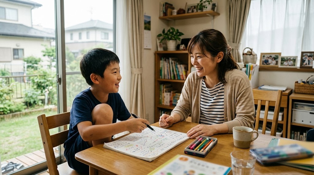 ダイニングテーブルでメモを見ながら、プレゼンで話す内容を母親と相談する小学生