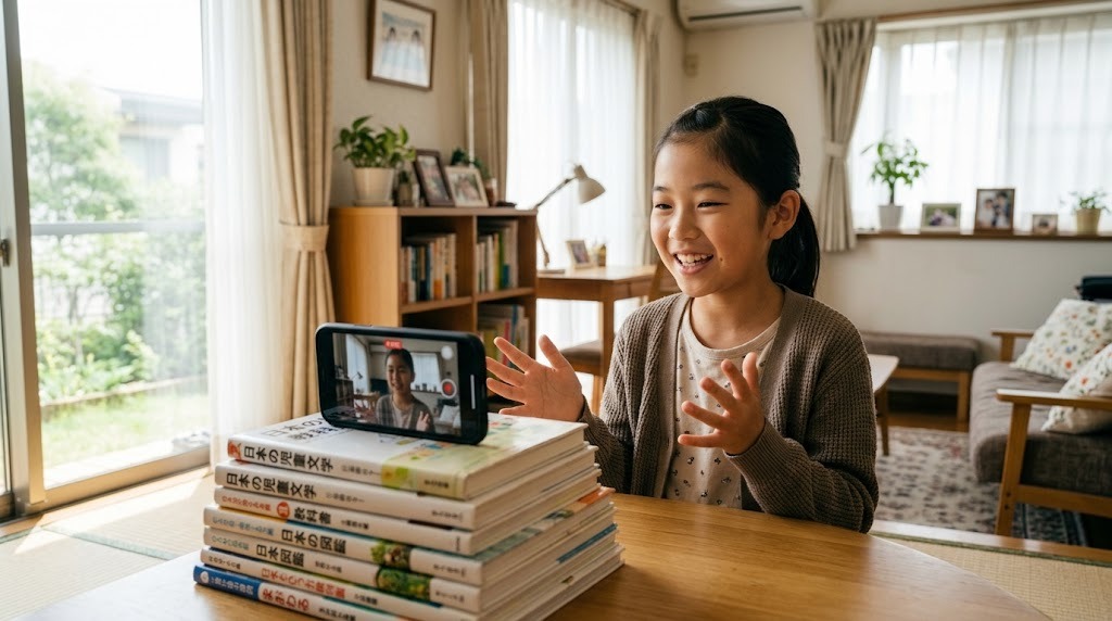 本の上に立てかけたスマートフォンに向かって、窓の光を受けながら話す小学生の女の子