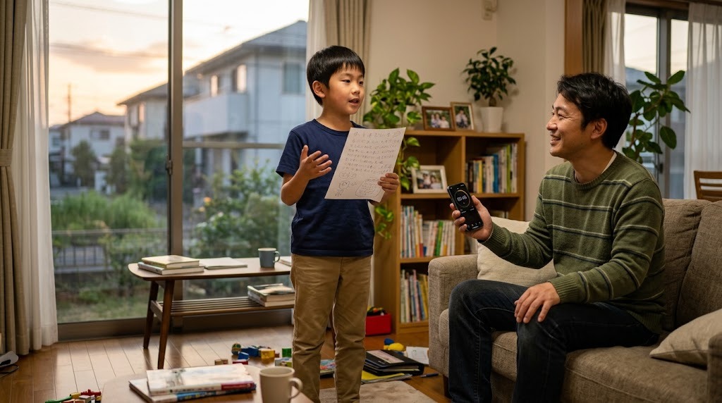 リビングで声に出して練習する小学生と、スマートフォンのタイマーで時間を計る父親