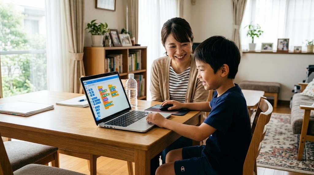 自宅のリビングでノートパソコンのブロックプログラミングに取り組む小学生と、隣で見守る母親