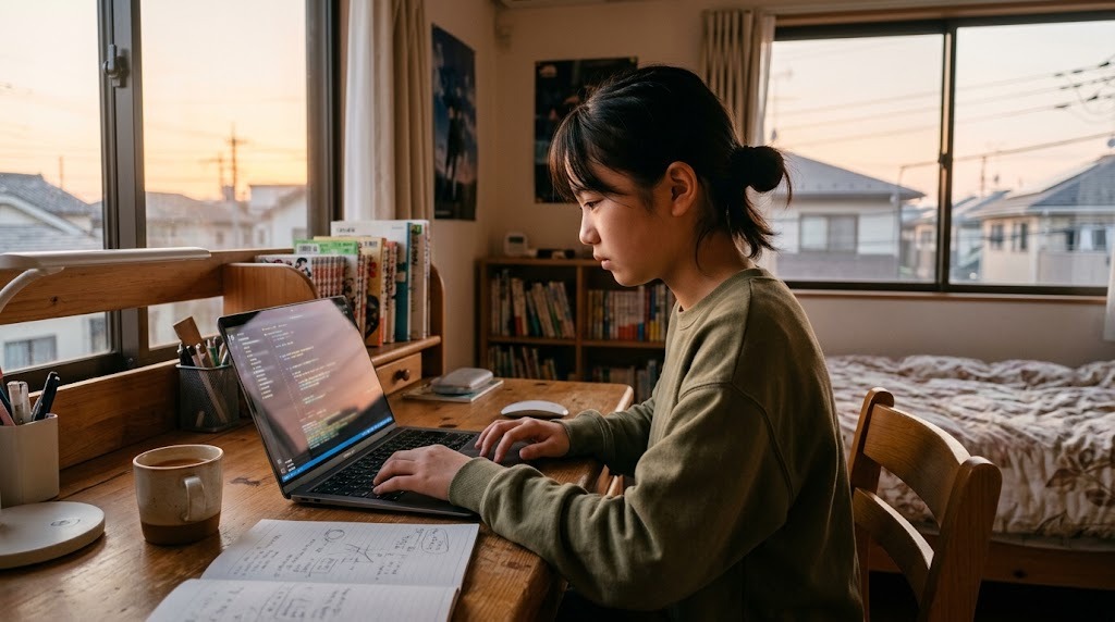 自室の机でノートパソコンに向かいプログラミングに取り組む中学生の女の子