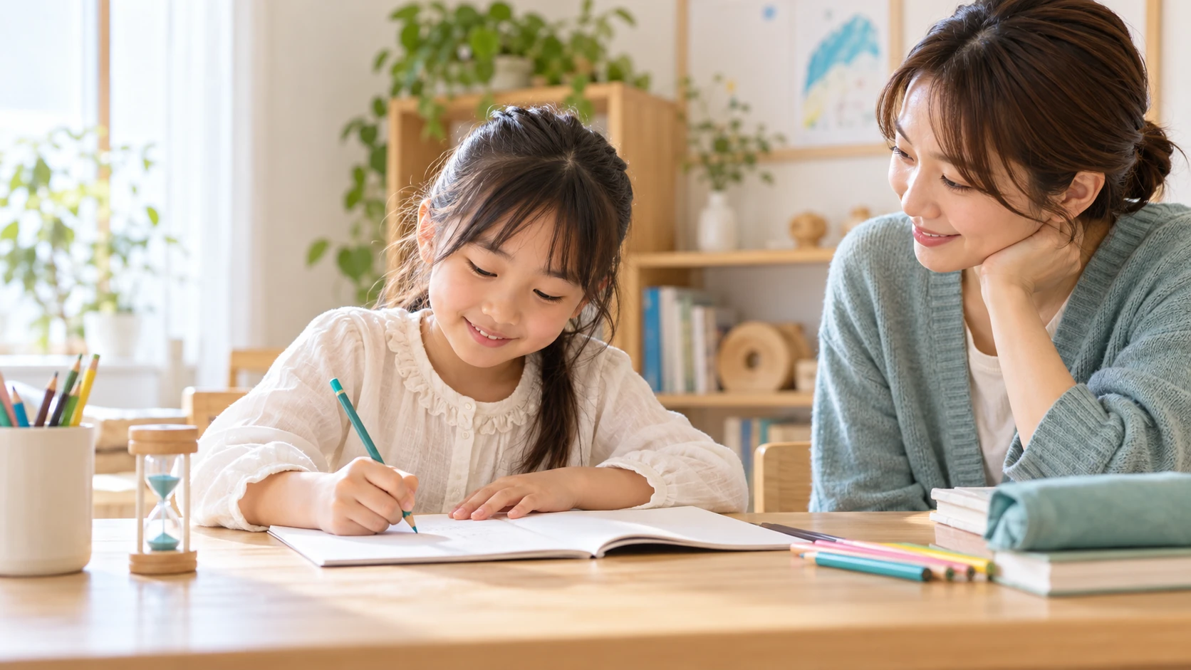 落ち着いた学習環境で一つの課題に取り組む子どもと見守る大人のイメージ