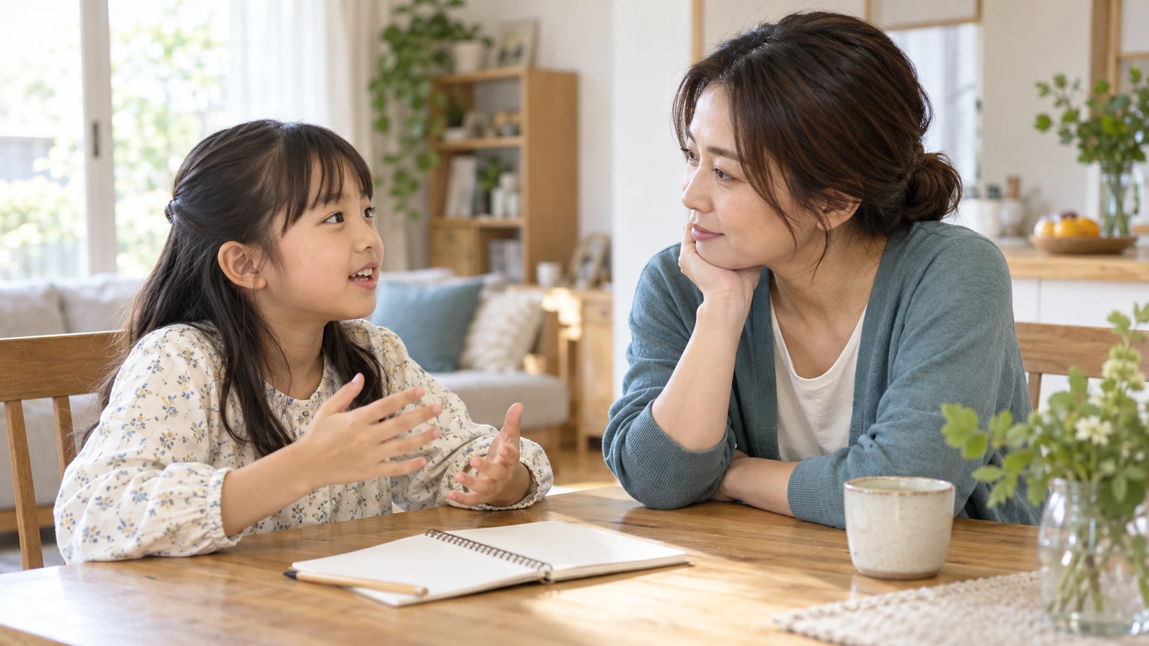 家庭で子どもの学校での経験を落ち着いて聞く保護者のイメージ