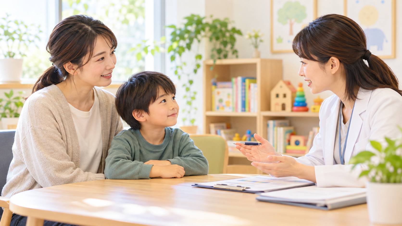 親子が専門家に学校生活の悩みを相談しているイメージ