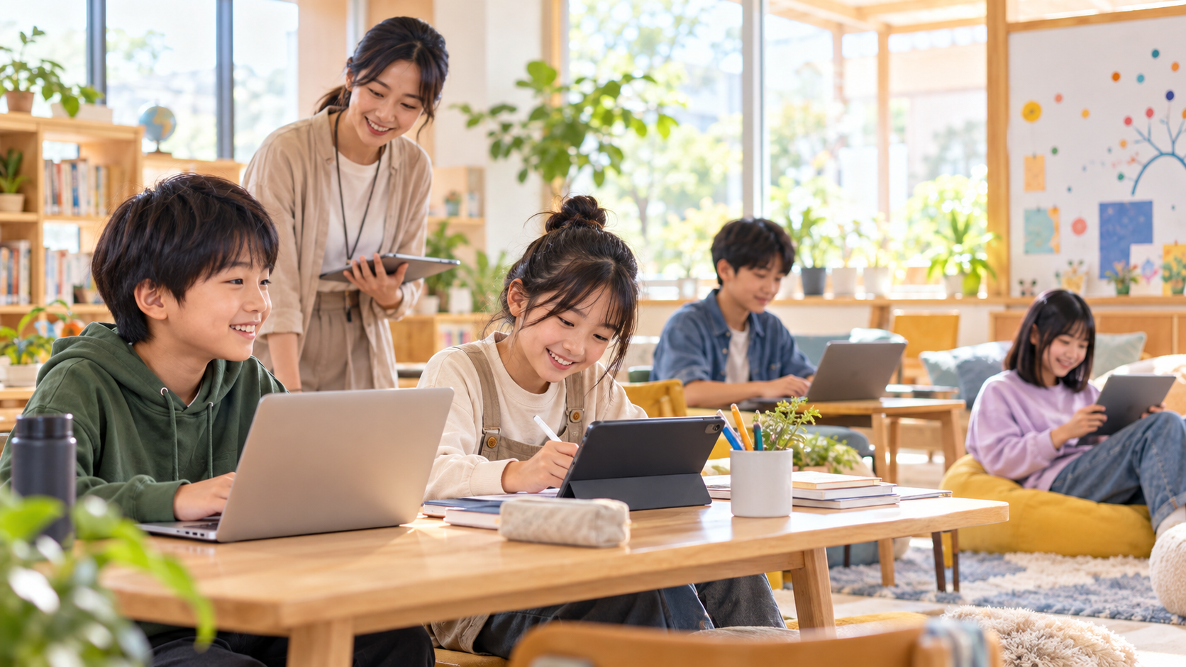 ノートパソコンやタブレットを使い、それぞれのペースで学ぶ子どもたちのイメージ