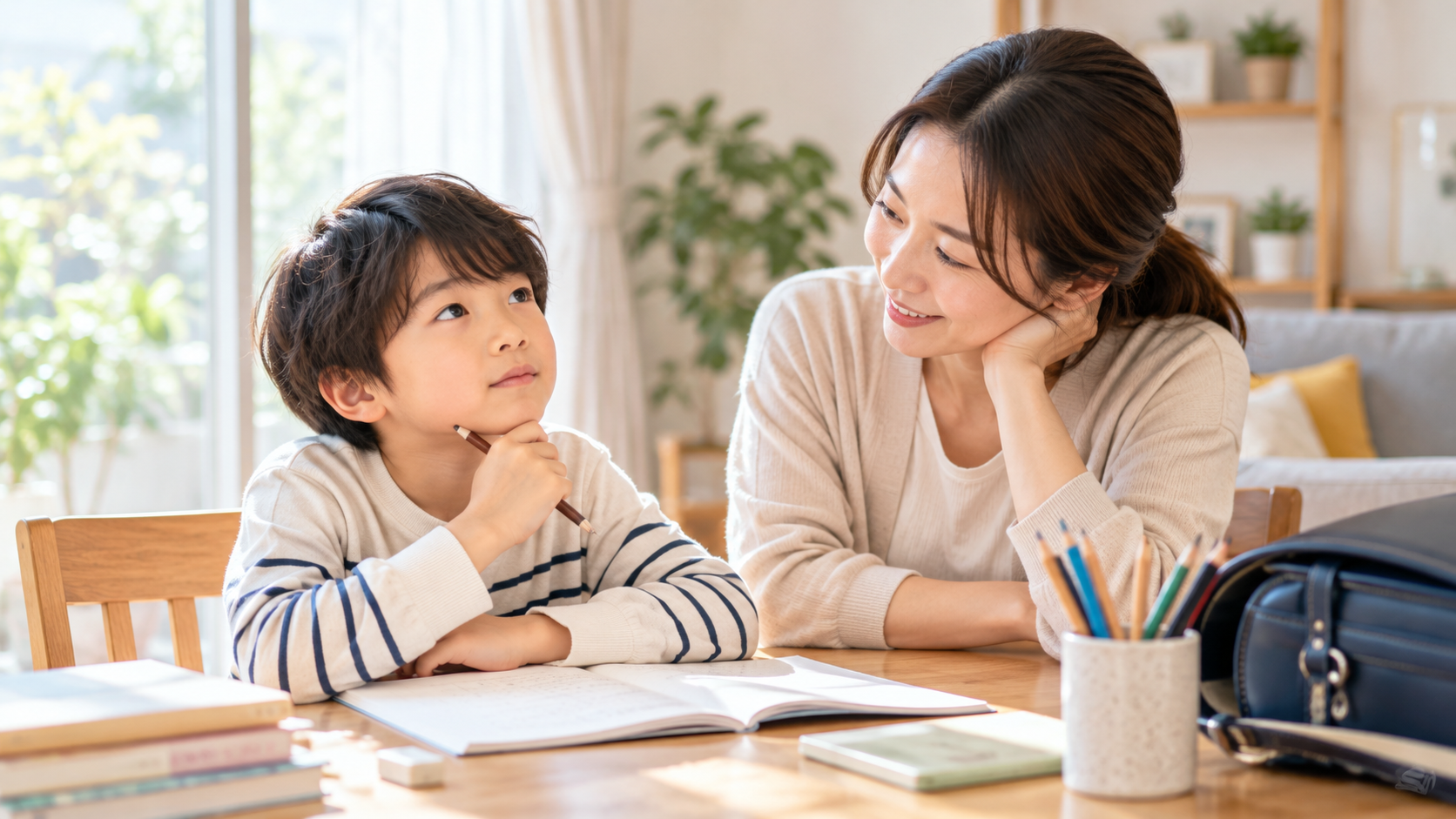 家庭で子どもの話を落ち着いて聞く保護者のイメージ