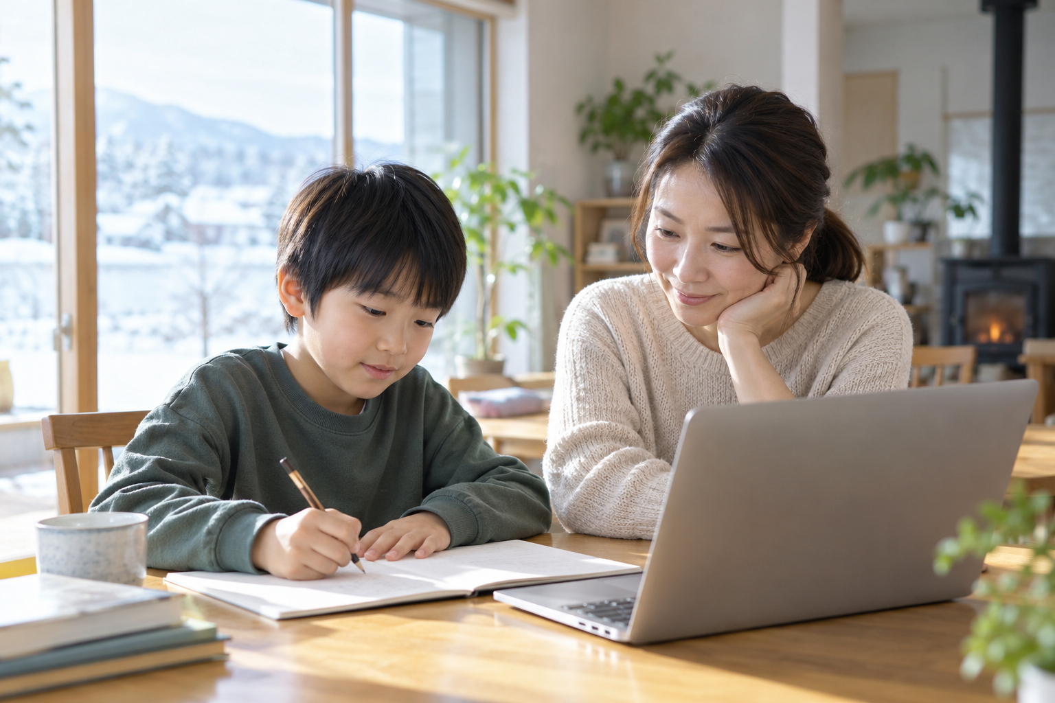 家庭で保護者と子どもがノートを見ながら学び方を相談するイメージ。生成画像であり実在の人物ではありません