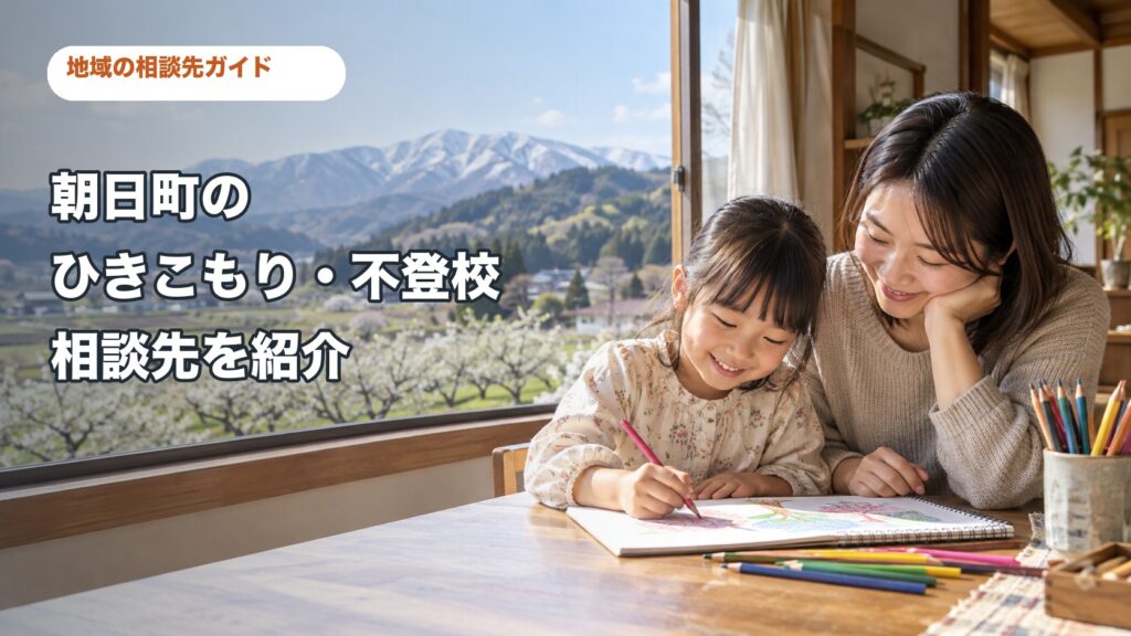 山形県朝日町のひきこもり・不登校相談先を紹介するサムネイル。保護者と子どもが話す様子