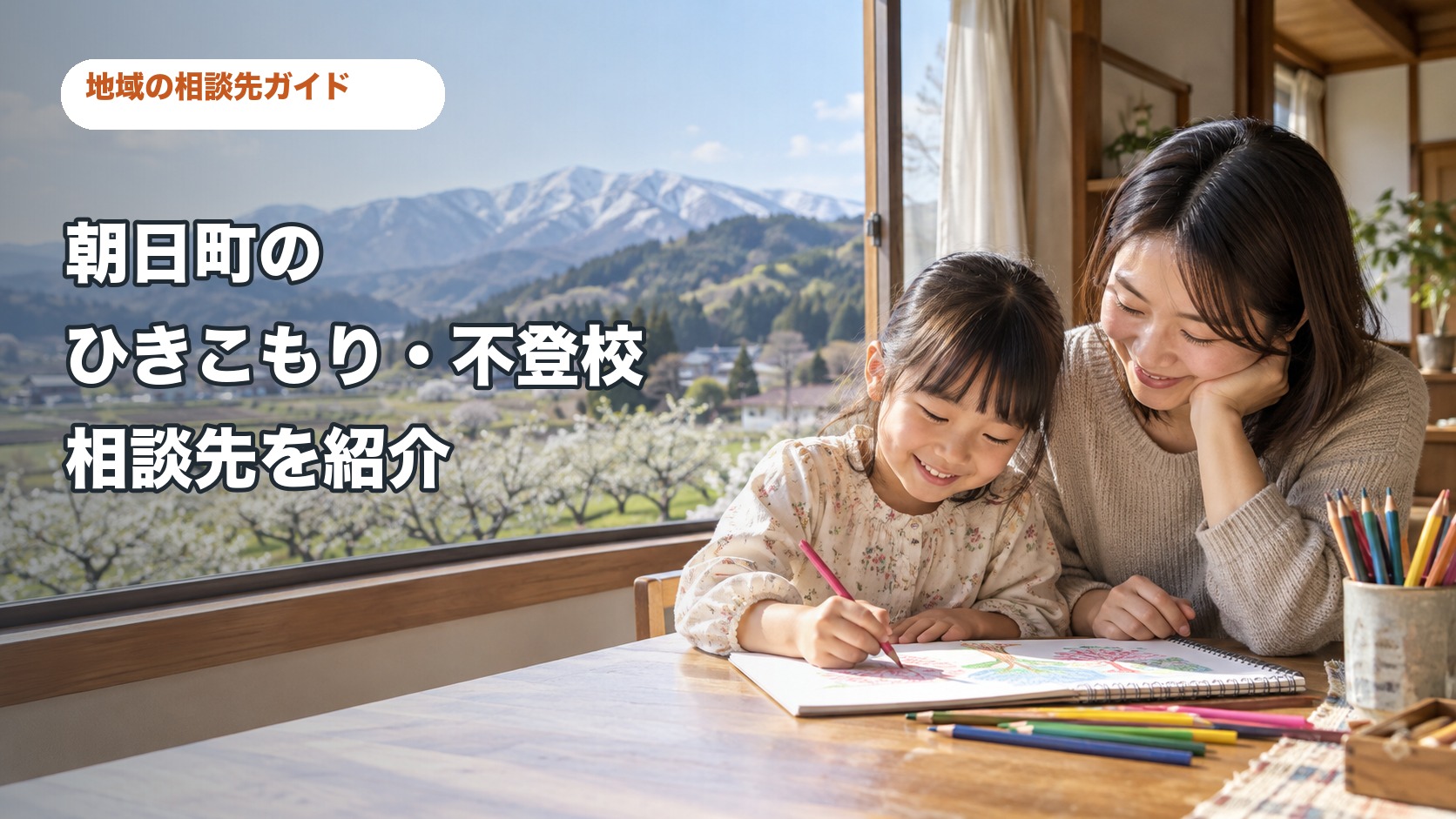 山形県朝日町のひきこもり・不登校相談先を紹介するサムネイル。保護者と子どもが話す様子